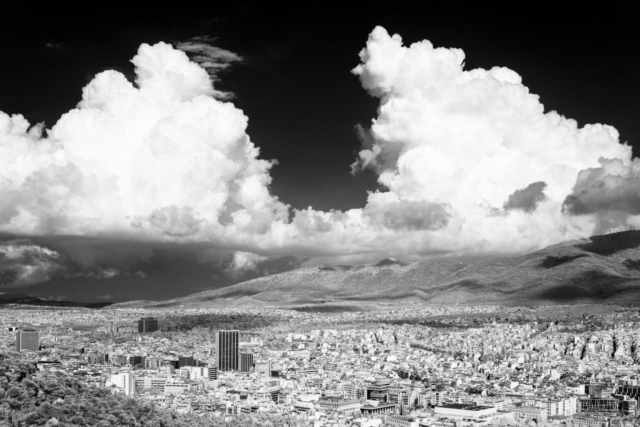 Athens, infrared, black and white, congestus, storm clouds